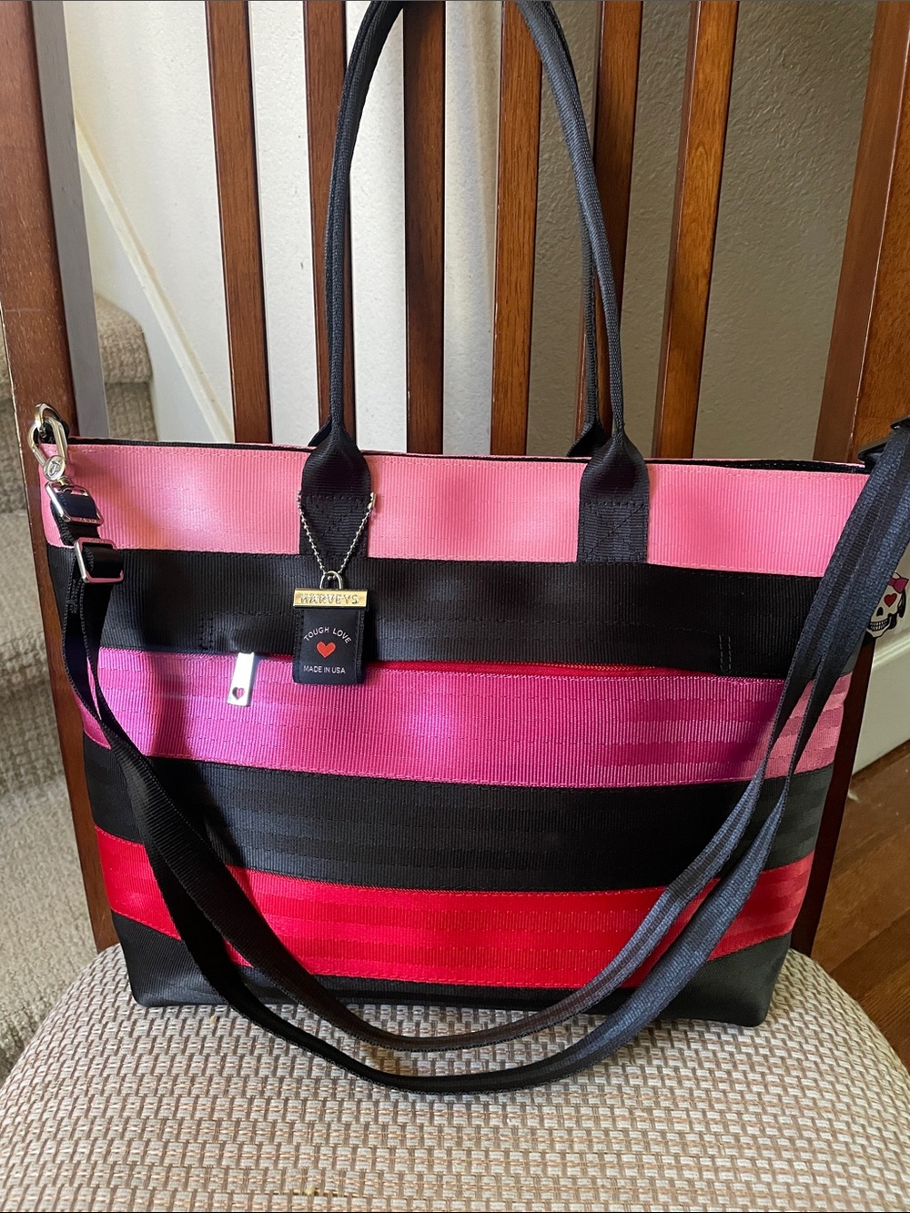 Harveys Tough Love Black, Pink & Red Striped Medium Streamline Tote